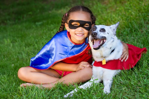 Cute Child Image of Super Hero Girl and Dog