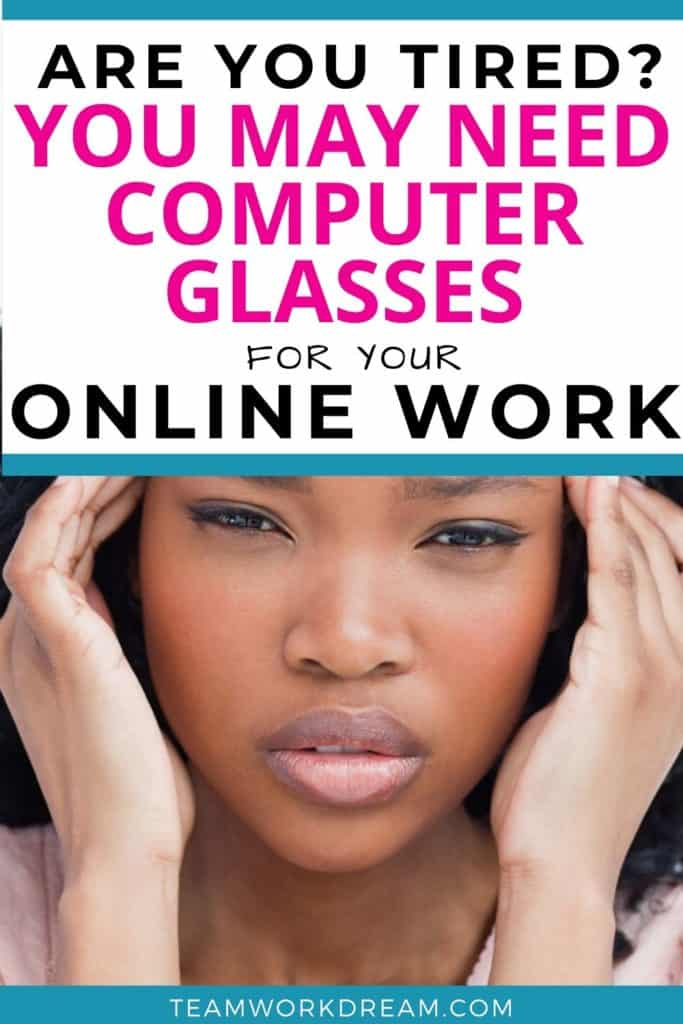 Woman suffering from eye strain and headaches as not wearing the best blue light blocking glasses when working online.