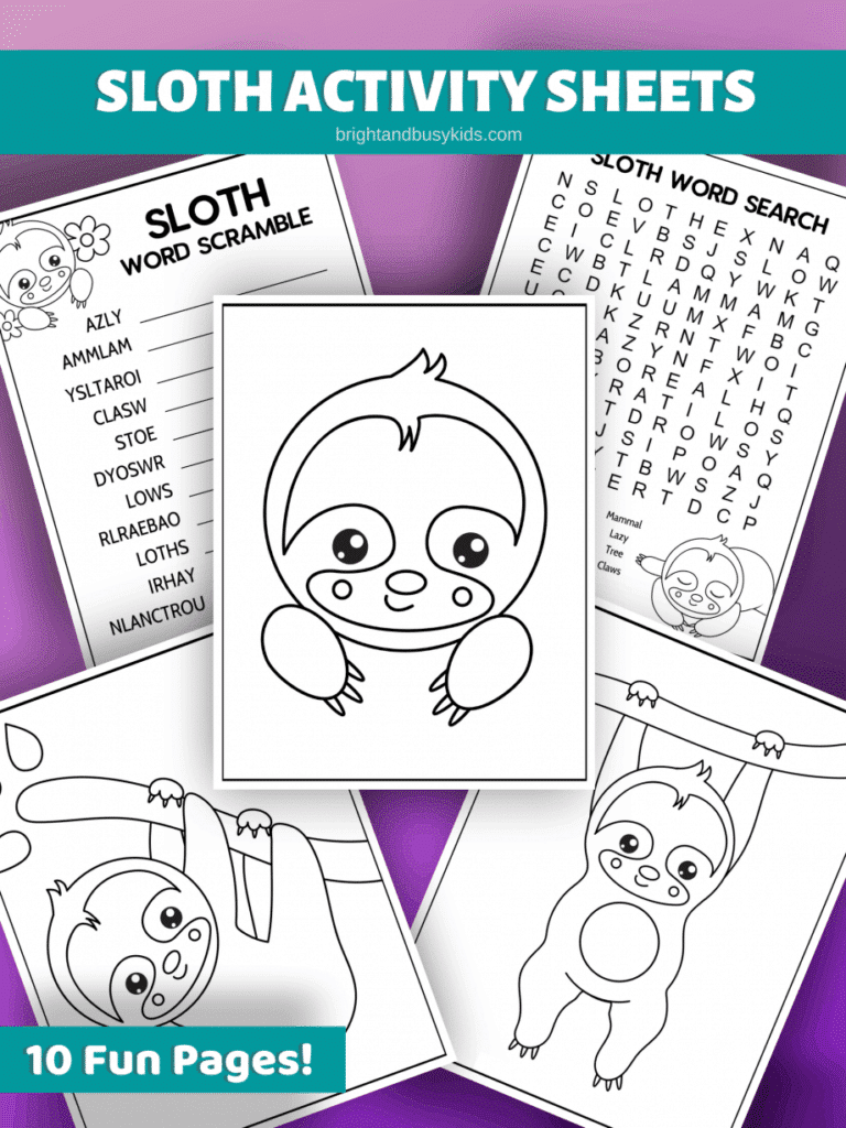 Sloth activity sheets for indoor activities for kids