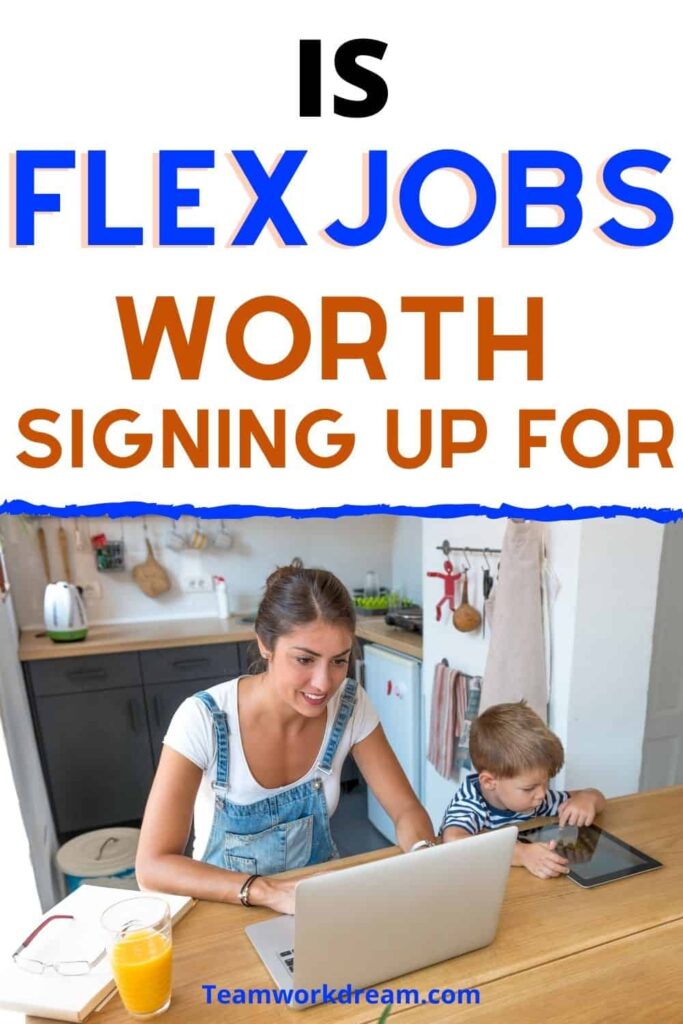 woman on laptop looking at flexjobs site with son by her side.