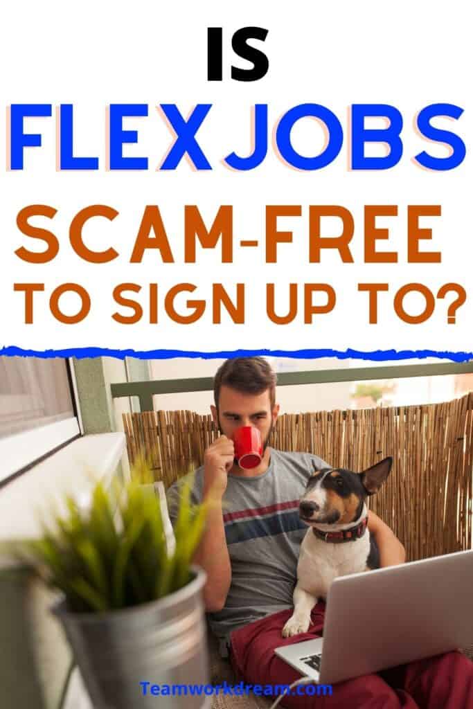 man on laptop and dog drinking coffee checking flexjobs website