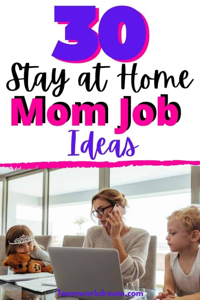 job ideas for stay at home moms. Mom on phone and laptop virtually with kids at home.