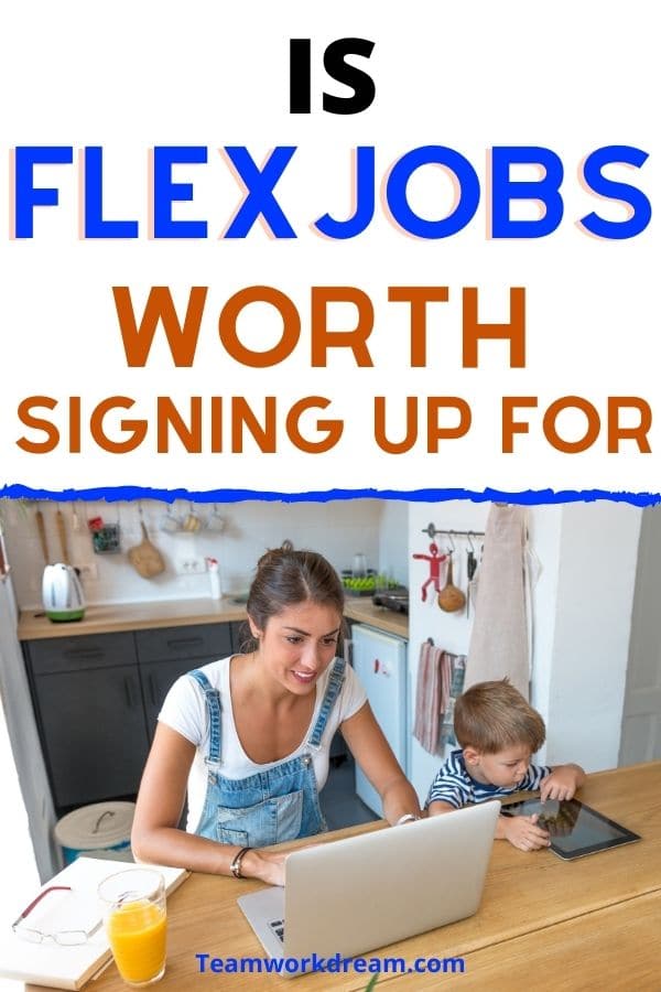 woman on laptop looking at flexjobs review with son by her side.