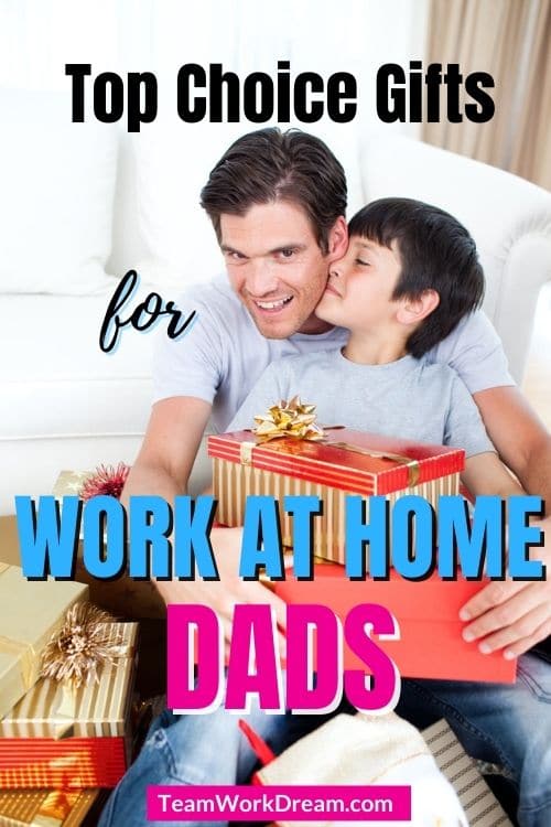 Work from home Dad being given gifts by son.