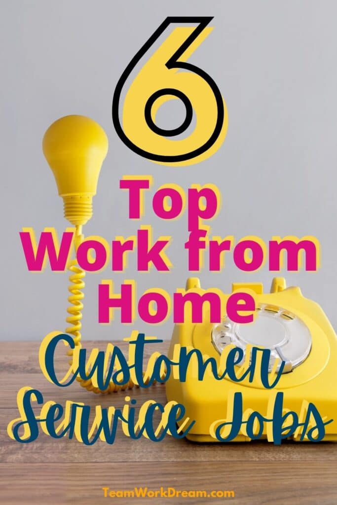 Yellow Telephone on a wooden desk with text overlay saying 6 top work from home customer service jobs