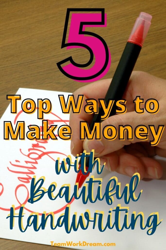 Hand using a red pen writing the words calligraphy on a white sheet of paper with the overlay text 5 Top Ways to Make Money with Beautiful Handwriting