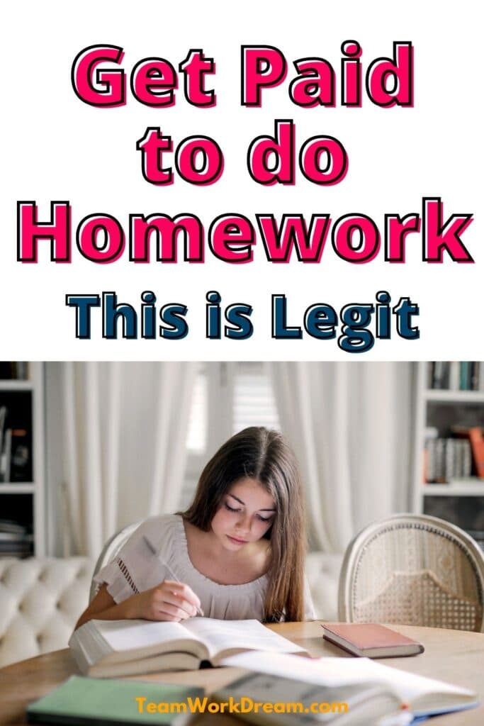 Young woman writing homework notes sitting at a table with open books. with overlay text saying get paid to do homework this is legit