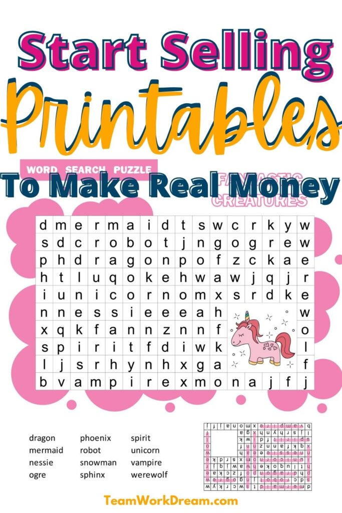 Image of kids wordsearch puzzle with unicorns in pink with overlay text saying start selling printables to make real money