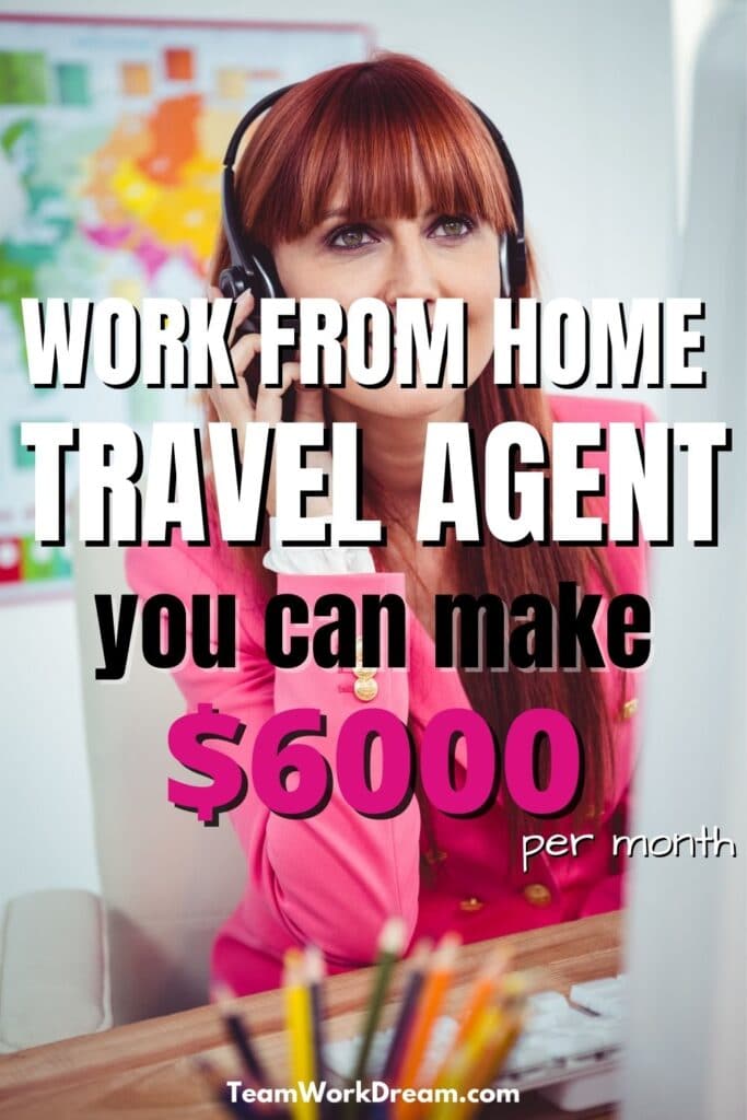Image of woman wearing a headset sitting at home office desk working as a n online travel agent with overlay text saying work from home travel agent you can make $6000 per month