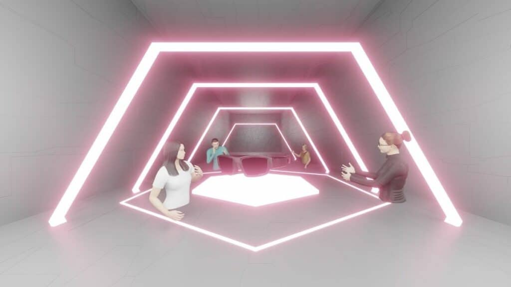 Virtual people inside a hexagon light with big sunglasses floating